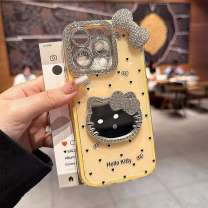 Hellokitty Make up Mirror 3D Bow Case For iPhone 16 Pro Max 15 Cute Glitter Diamond Cover For iPhone 14 Pro 13 12 11 Bling Case