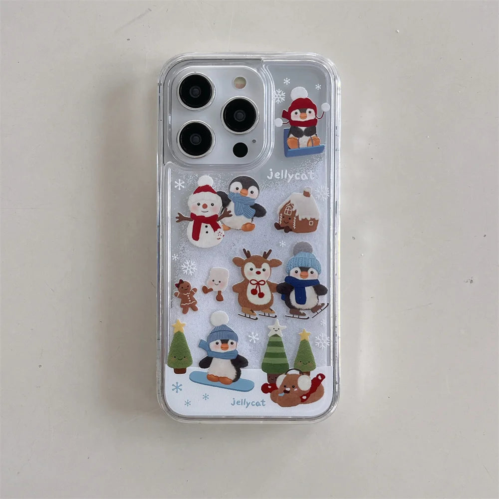 Cute Cartoon Santa Claus Snowman Shake Quicksand 3D Bling Glitter Phone Cover For iPhone 16 14 13 15Pro Max Christmas Case