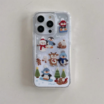 Cute Cartoon Santa Claus Snowman Shake Quicksand 3D Bling Glitter Phone Cover For iPhone 16 14 13 15Pro Max Christmas Case