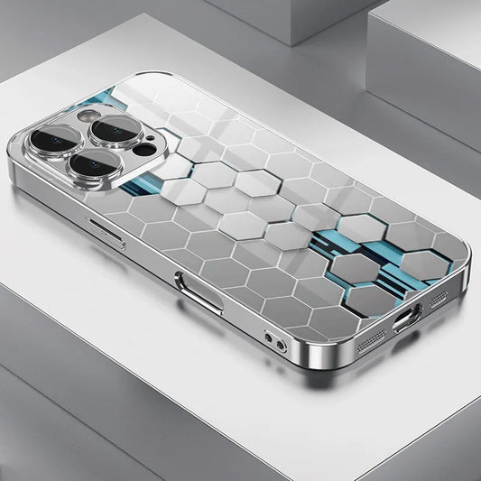 Silver Gradient Honeycomb Pattern Glass Electroplated Phone Case For iPhone 17 16 15 Pro Max 14 Plus 13 12 11 16E 17 Air Cover