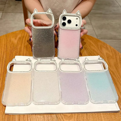 Cute Rabbit Ear Phone Case For iPhone 17 Pro Max Glitter Diamonds Cover For iPhone 15 Pro 16 Pro Max 14Pro 13 Protective Cases