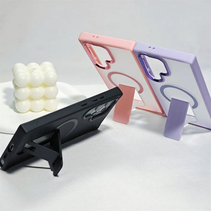 Luxury Fold For Magsafe Magnetic Stand Phone Case For Samsung S25 Edge Plus S23 S24 Ultra Plating Lens Frame Matte Frosted Cover