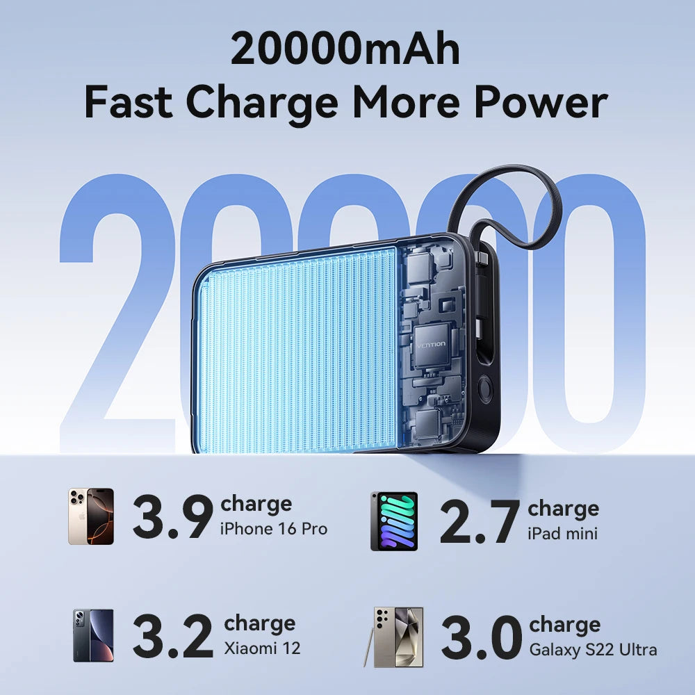 Vention 65W Power Bank 20000mAh Built-in USB-C Cable Portable Powerbank for Laptop PD Fast Charger for iPhone 17 Samsung S25 S24