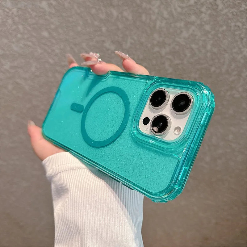 3 in 1 Glitter Neon Color Clear MagSafe Phone Case for iPhone 16 16pro max 15 Pro 14 13 12 Magnetic Wireless Charge Armor Cover