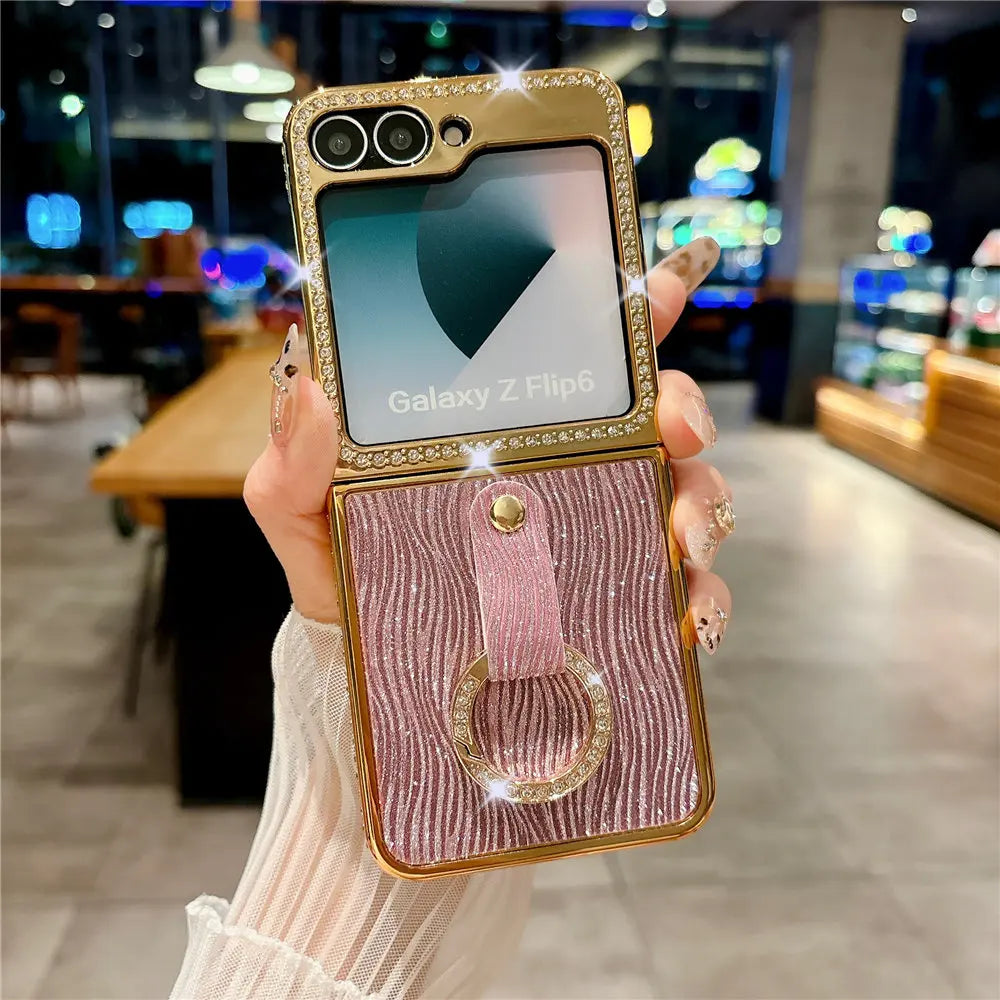 Leather Plating  Ring Phone Case For Samsung Galaxy Z Flip 7 6 Flip 5 Zflip 4 3 Bling Diamond Shockproof Cover Funda