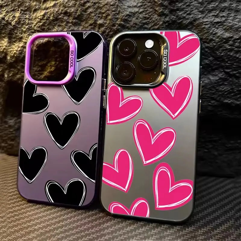 Luxury Love Heart Electroplate Silver IMD Case For iPhone 15 14 16 Pro Max Plus 11 12 13 Pro 7 8 Plus X XR Shockproof Back Cover