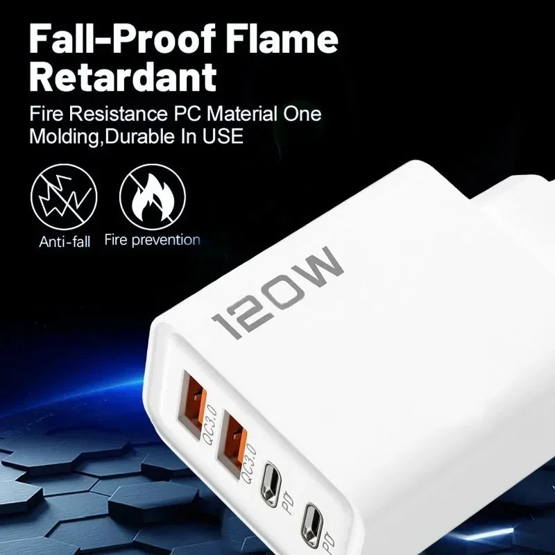 120W 4 Port USB C Charger PD3.0 Fast Charging Station Data Cable Wall Adapter For iPhone Samsung Xiaomi Redmi Huawei EU US Plug