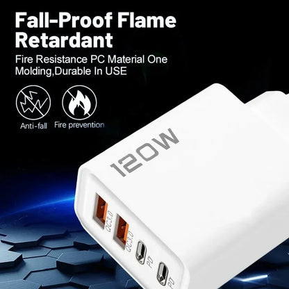 120W 4 Port USB C Charger PD3.0 Fast Charging Station Data Cable Wall Adapter For iPhone Samsung Xiaomi Redmi Huawei EU US Plug