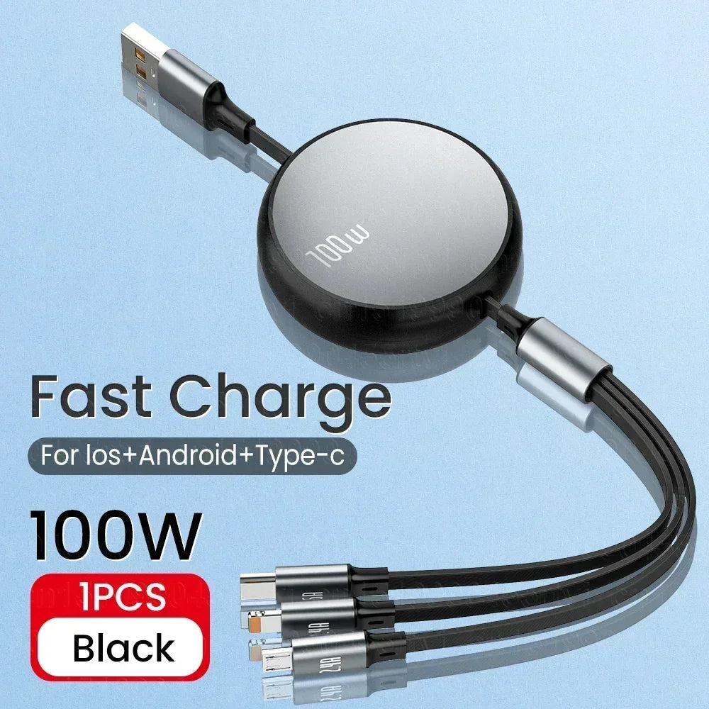 6A 100w  Data Cable 3 in1 Fast USB Cable Retractable Portable Charging Line Micro USB Type C Charger Cable For Iphine/Samsung