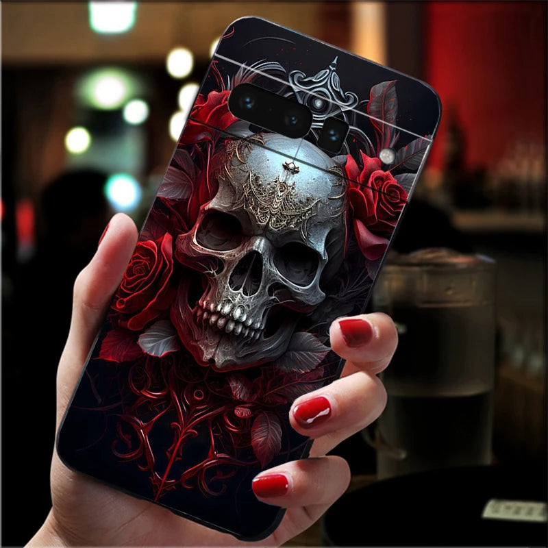 Skull Flower Art Phone Case For Google Pixel 10 9 Pro XL 9A 8 7 6 Pro Pixel 8A 7A 6A Pixel 8 7 6 5