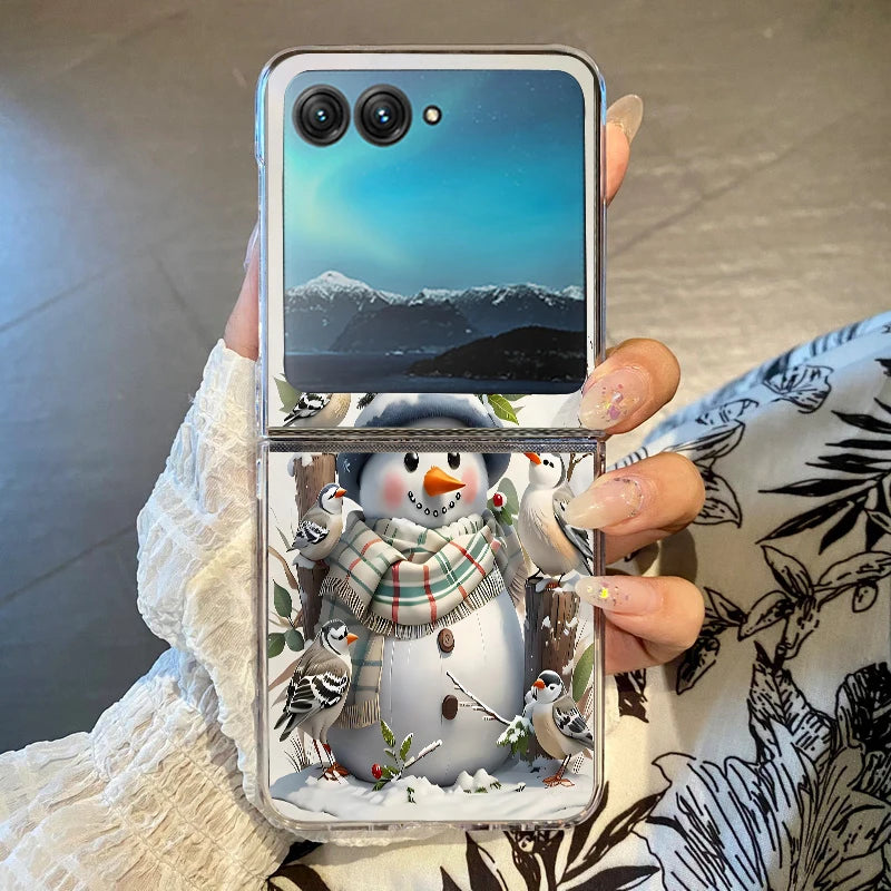 Christmas Phone Case For Motorola Razr 50 40 Ultra Razr 60 Ultra 50 40 Clear Hard PC Folding Shockproof Snowman Patterned Cover