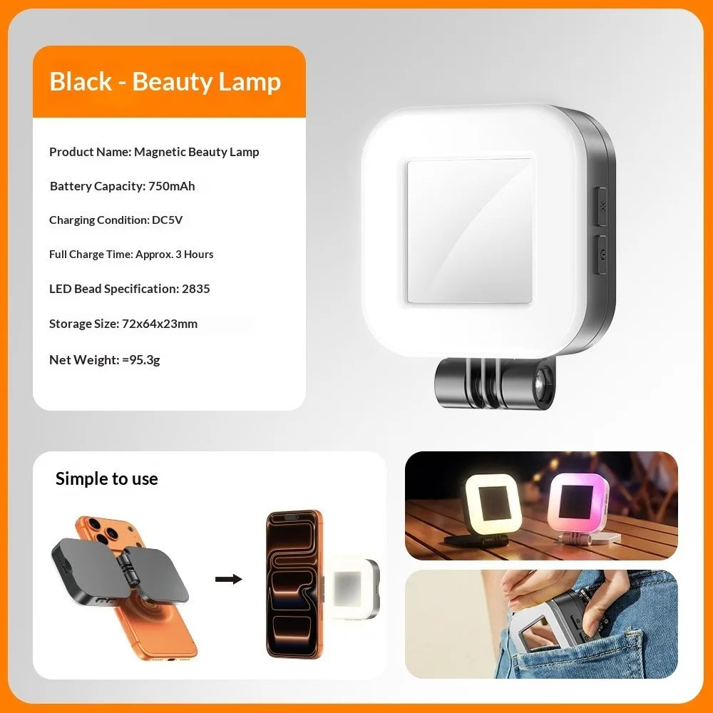 MagSafe iPhone compatible magnetic selfie ring light with foldable LED mobile phone photo beauty ring light with mirror;