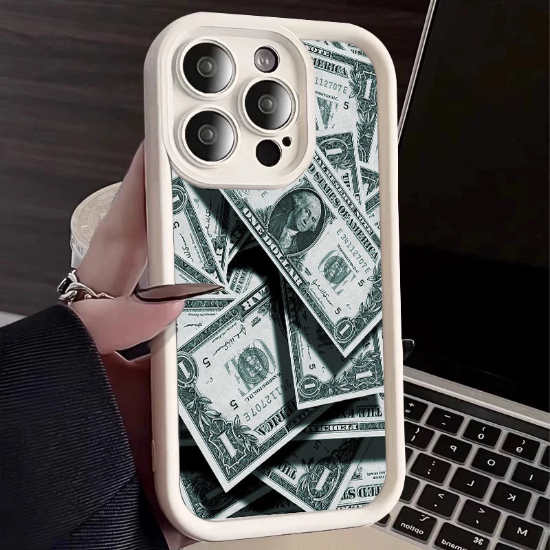 Pink Dollars Full-Coverage Banknote Design Silicone Phone Case For iPhone 16 15 14 13 12 11 Pro Max X XS XR 7 8 Plus Cover