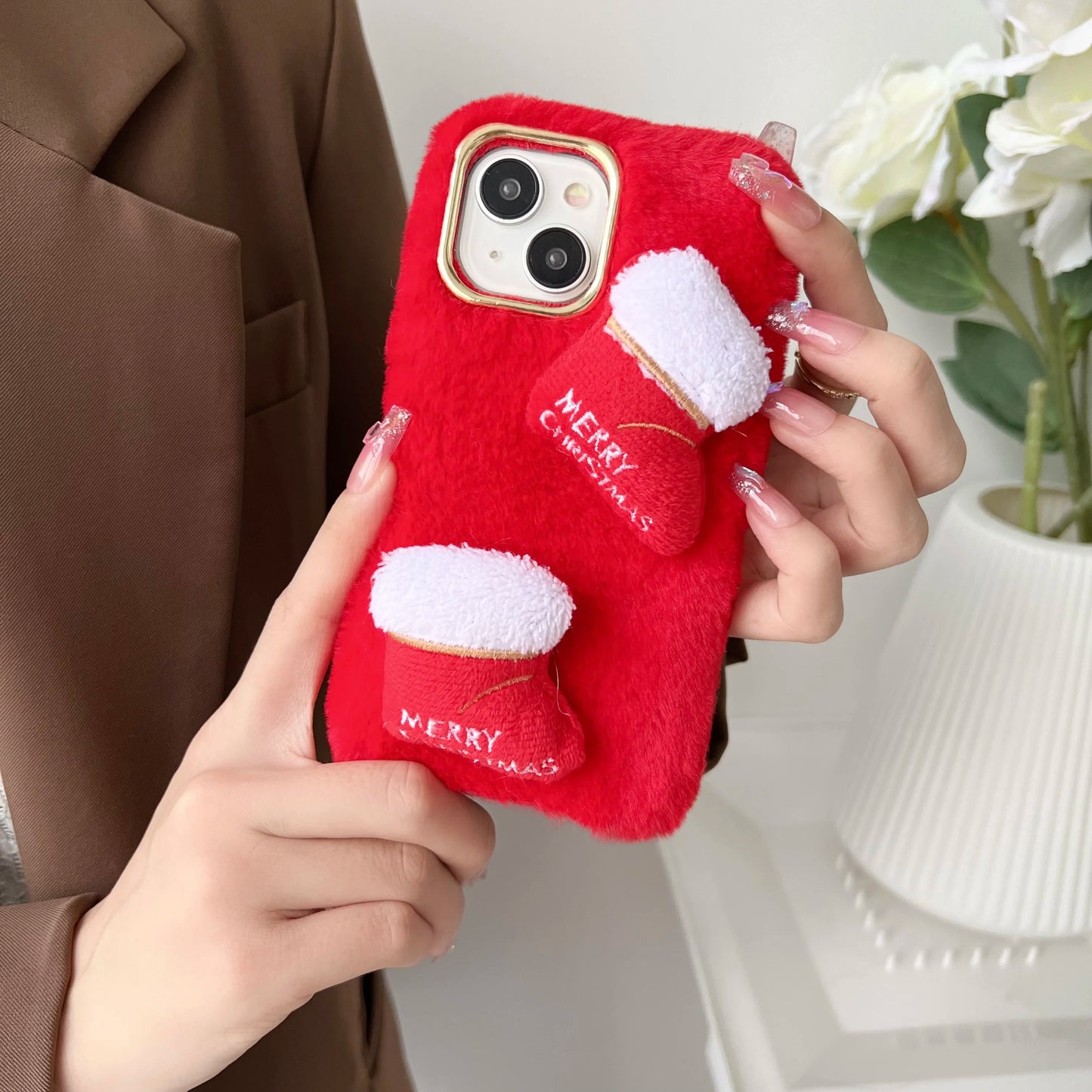 New Year Merry Christmas Tree Plush Boots Phone Case for Galaxy S25 S24 S23 S22 S21 S20 Plus FE Autumn and winter plush