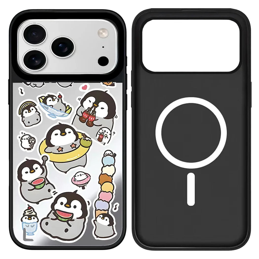 Cartoon Penguin Mirror Surface Cover for iPhone 12 13 14 15 16 17 Pro Max 17 Air Case - Protective Magnetic Case