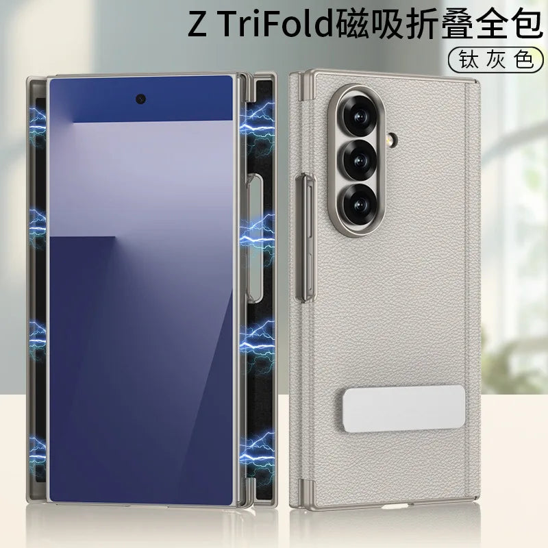 For Samsung Z Tri-Fold Phone Case TRIFOLD Dual Hinge Magnetic + Rotating Stand Z TRI-FOLD Leather Full Coverage Protection Cover