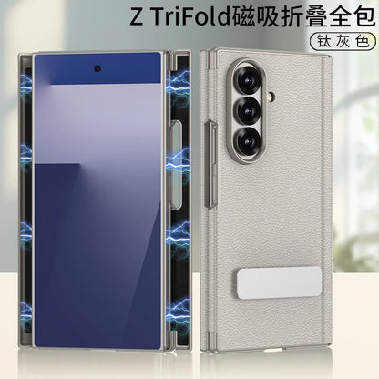 For Samsung Z Tri-Fold Phone Case TRIFOLD Dual Hinge Magnetic + Rotating Stand Z TRI-FOLD Leather Full Coverage Protection Cover