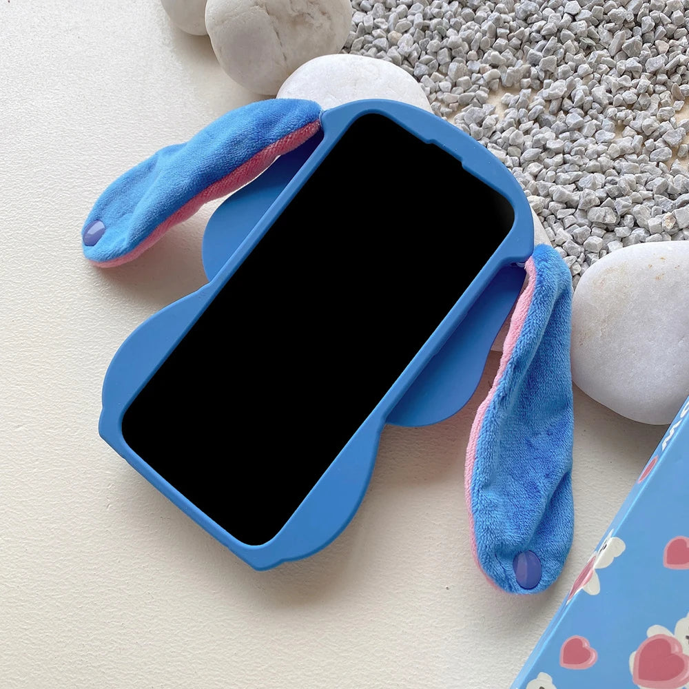 For iPhone 15 Pro Max 11 12 Pro Max 14 Pro 14 Plus 13 16 Kawaii Sit Stitch Big Ear Button Strap Cartoon Silicon Soft Phone Case