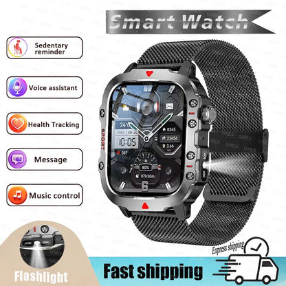 Military 2026 Sports Smartwatch Men 2.01 inch HD LED Flashlight Christmas Gift Screen Bluetooth Talking Multifunction Smartwatch