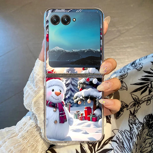 Christmas Phone Case For Motorola Razr 50 40 Ultra Razr 60 Ultra 50 40 Clear Hard PC Folding Shockproof Snowman Patterned Cover