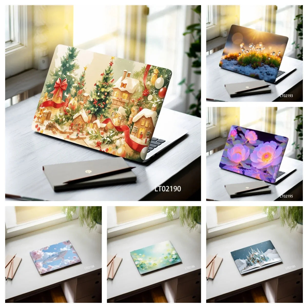 2PCS Christmas Flower Laptop Skin Stickers - Festive Holiday Floral Oil Painting Design, Waterproof PVC Decal Computer Decor