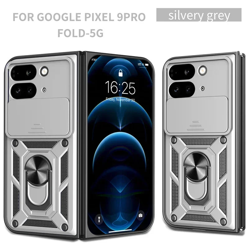 Full Camera Lens Protection Phone Case For Google Pixel 9 Pro Fold 5G Armor Metal Rotating Ring Silicone Soft Back Cover Cases