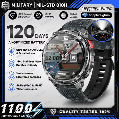 2026 New T-Rex 3 Ultra 1100mAh Military Smart Watch Men 5ATM Waterproof 1.7" AMOLED Screen Bluetooth Call Compass LED Flashlight