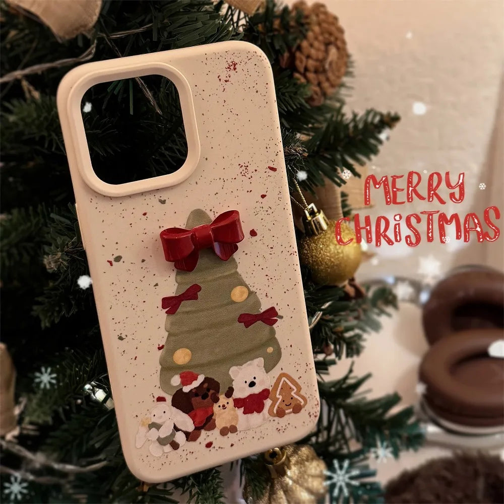 ins Korean 3D Bow Christmas Tree Phone Case For iPhone 16 Pro 15 14 13 12 11 Soft Shockproof Protective Cover For iPhone 15 Pro