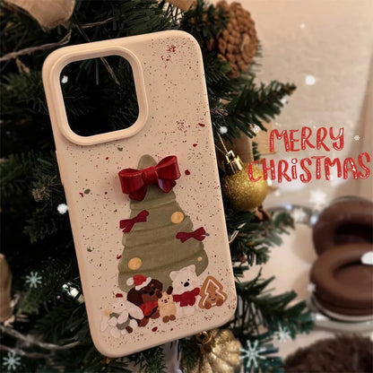 ins Korean 3D Bow Christmas Tree Phone Case For iPhone 16 Pro 15 14 13 12 11 Soft Shockproof Protective Cover For iPhone 15 Pro