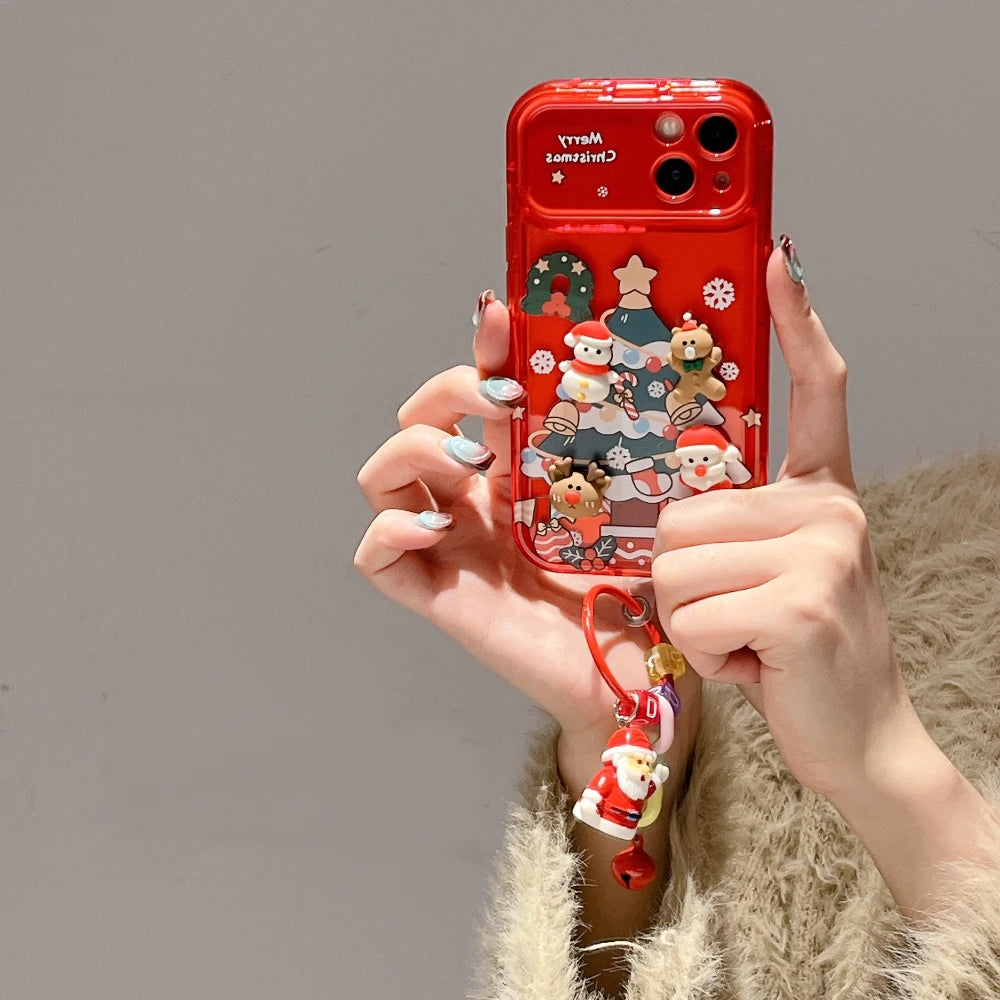 Cartoon 3D Christmas Elk Pendant Case For iPhone 17 16 15 14 13 12 11 Pro Max Plus Santa Claus Bell Keychain Stand Holder Cover