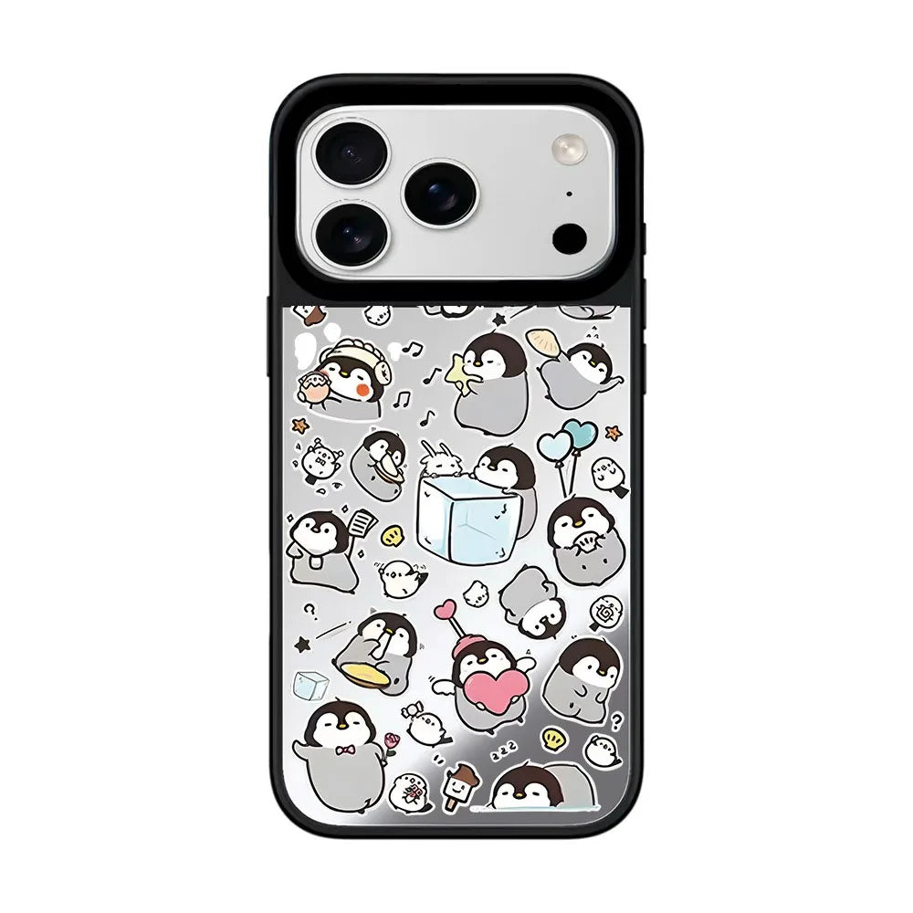 Cartoon Penguin Mirror Surface Cover for iPhone 12 13 14 15 16 17 Pro Max 17 Air Case - Protective Magnetic Case