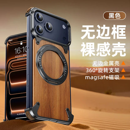 Oatsbasf Solid Wooden Phone Case for iPhone 17 Pro/Pro Max/17 Air with 360° Rotating Ring Stand Magnetic Shockproof Protective