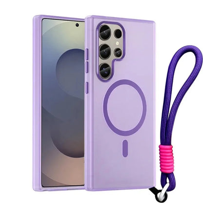 For Magsafe Matte Candy Wrist Strap Phone Cases For Samsung Galaxy S24 S25 Ultra Plus S24 FE Lanyard Magnetic Shockproof Cover