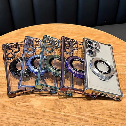 Luxury Magnetic Plating Case For Samsung Galaxy S25 S24 S23 S22 S20 FE Note 20 Ultra Stand Shockproof Transparent Back Cover
