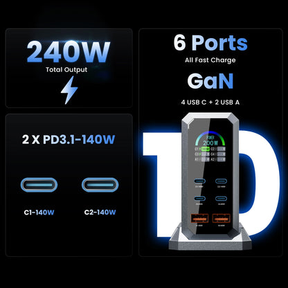 240W Digital GaN Charger PD3.1 140W USB Type C 6 Ports Desktop Fast Charging Station for IPhone Samsung Xiaomi MacBook Laptops