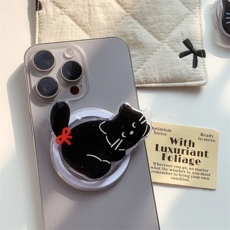 Korean Cute Cartoon Black Cat For Magsafe Magnetic Phone Griptok Phone Holder Stand Universal Phone Ring Grip Tok For iPhone 15