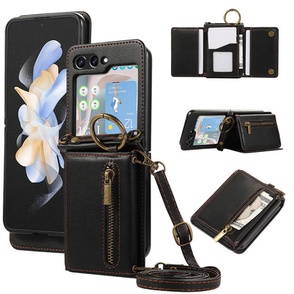 Crossbody Zipper Cards Solt Wallet Leather Case For Samsung Galaxy Z Flip 7 FE 6 5 4 Ring Holder Triple Fold Lanyard Stand Cover