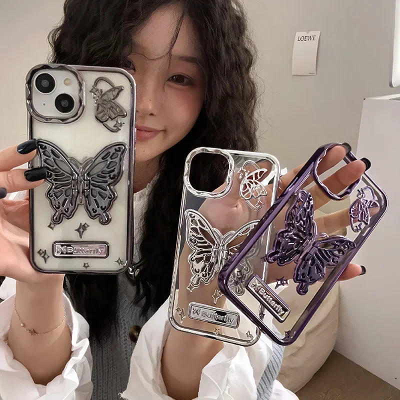Butterfly Stand Plating Phone Cases For IPhone 16 15 Pro Max 14 13 12 11 Gradient Glitter Protect Shockproof Back Cover