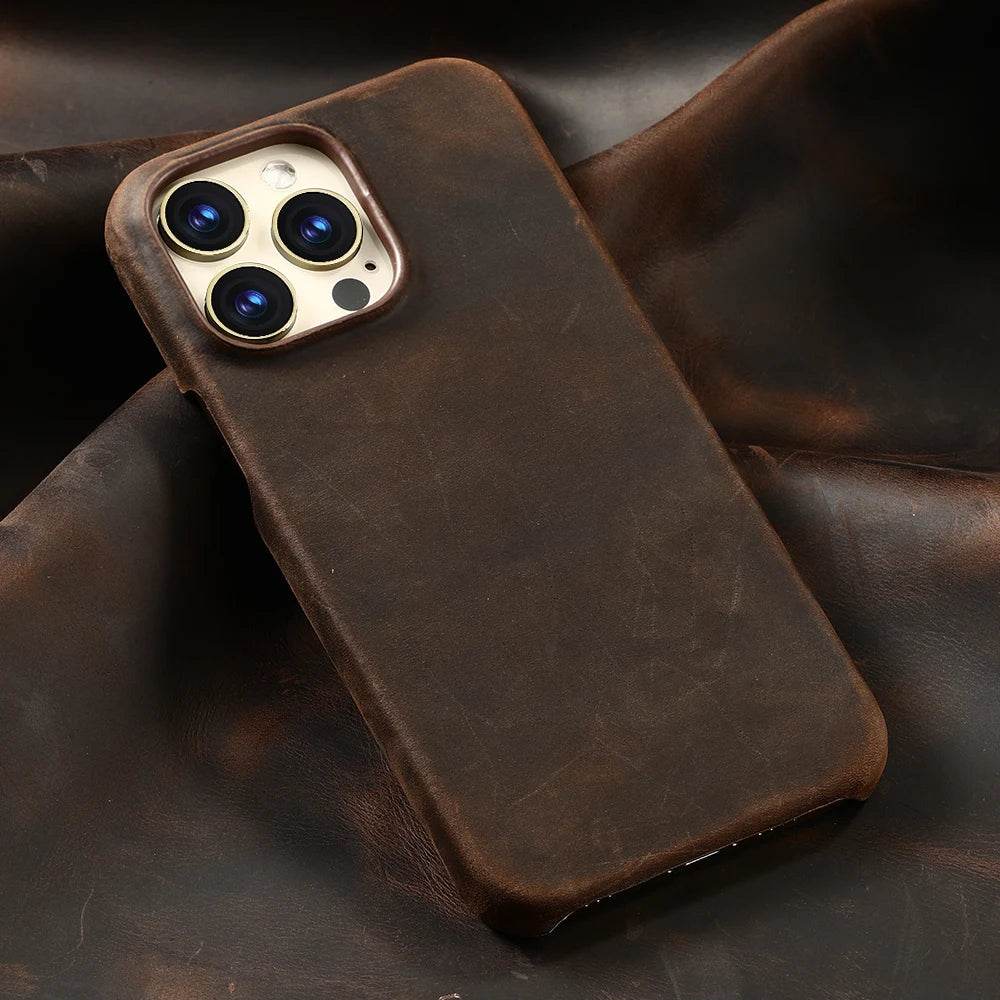 for Magsafe Case for iPhone 17 15 16 Pro Max Air Retro Luxury Full Grain Cowhide Genuine Oiled PULL-UP Leather Magnetic Cover