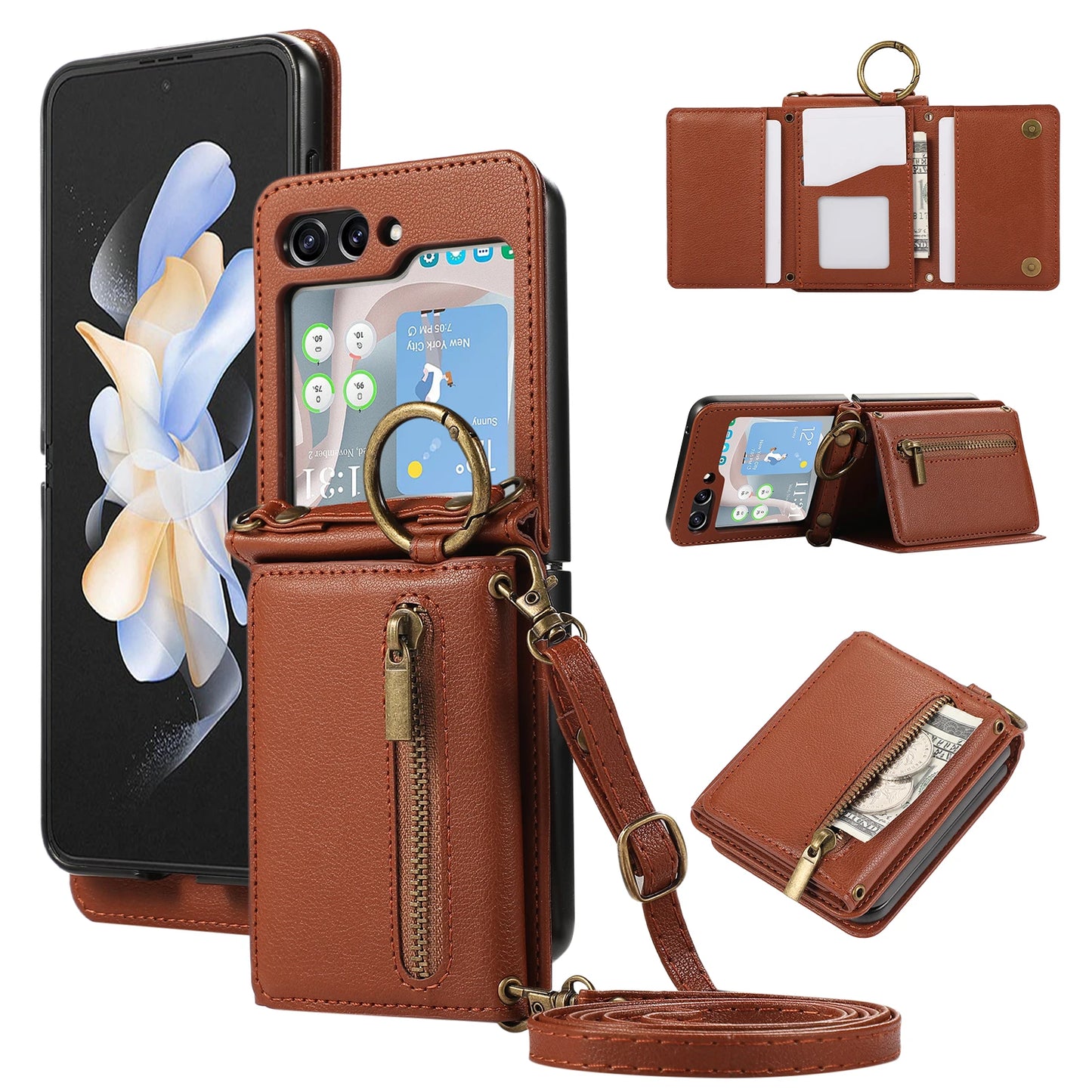 Crossbody Zipper Cards Solt Wallet Leather Case For Samsung Galaxy Z Flip 7 FE 6 5 4 Ring Holder Triple Fold Lanyard Stand Cover