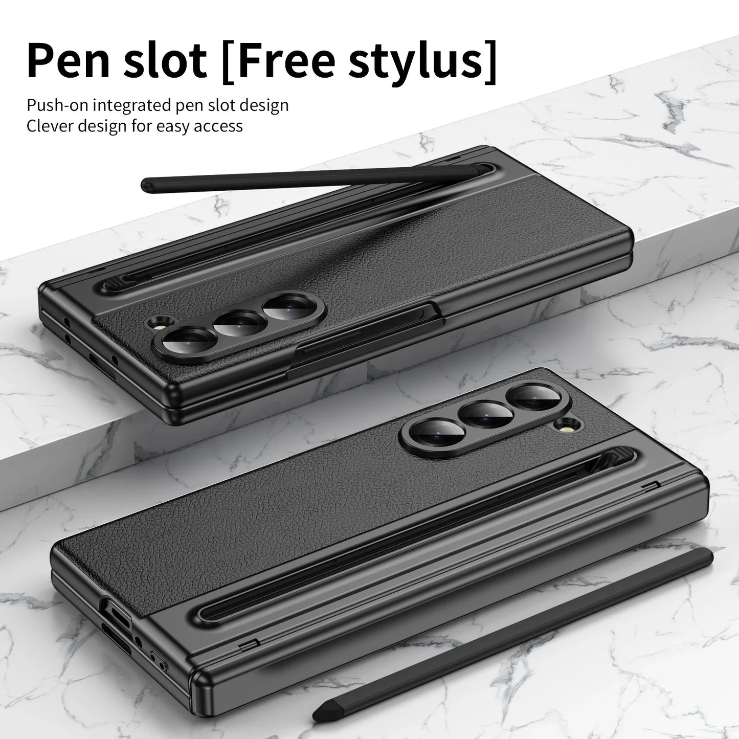 With Touch Pen For Samsung Galaxy Z Fold 7 6 5 4 3 TriFold Case Leather Plating Hinge 360 Full Screen Protector Folding Cover