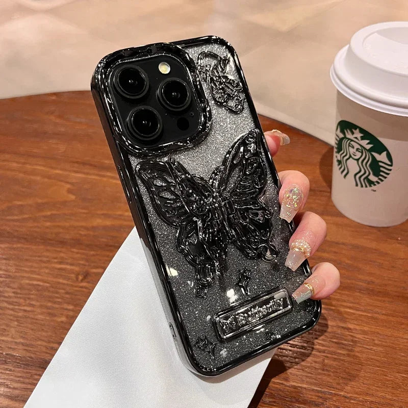 Glitter Butterfly Gradient Stand Case for iPhone 15 16 14 12 13 Pro Max 14Pro Bracket Transparent Plating Soft Silicone Cover