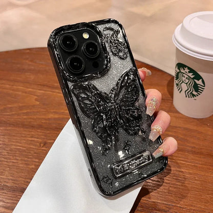 Glitter Butterfly Gradient Stand Case for iPhone 15 16 14 12 13 Pro Max 14Pro Bracket Transparent Plating Soft Silicone Cover