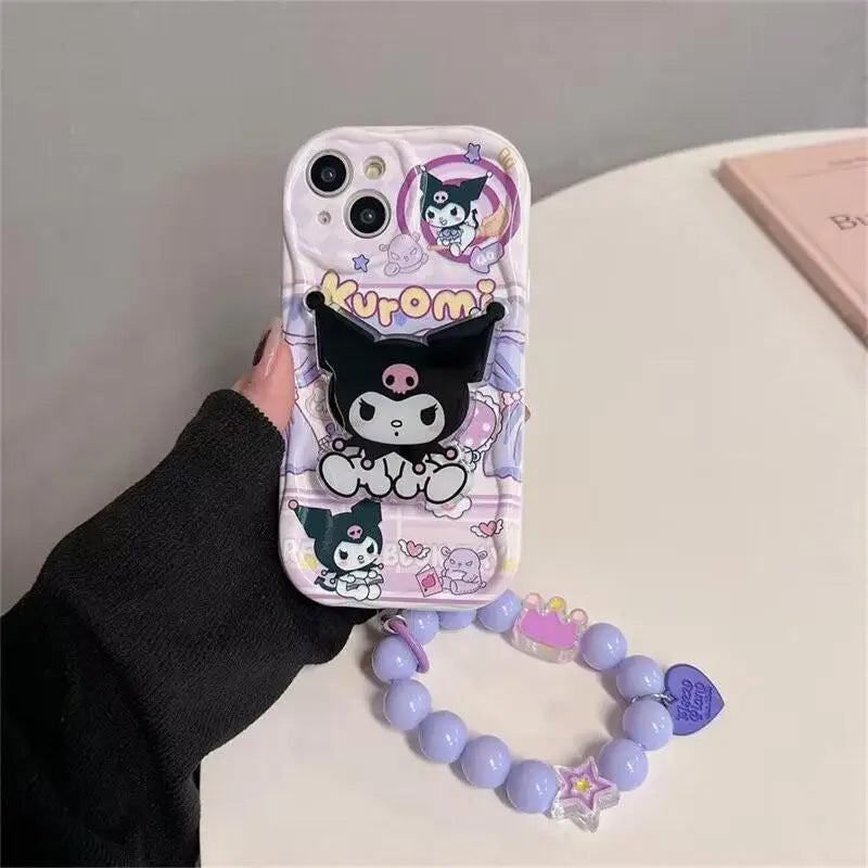 Kuromi Hello Kitty Bracket Bracelet Phone Case For IPhone 16 15 Pro Max 14 11 12 13 Mini XR 8 7 Plus X XS SE Sanrio Cute Cartoon