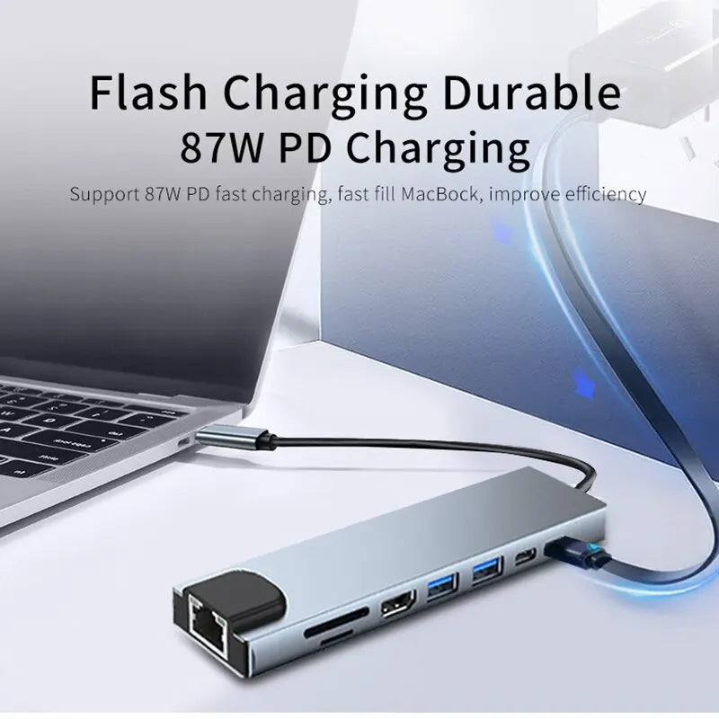 USB 8-in-1 Type-C 3.1 to 4K HDTV Adapter Hub with SD/TF/RJ45 Card Reader, Supports PD Fast Charging