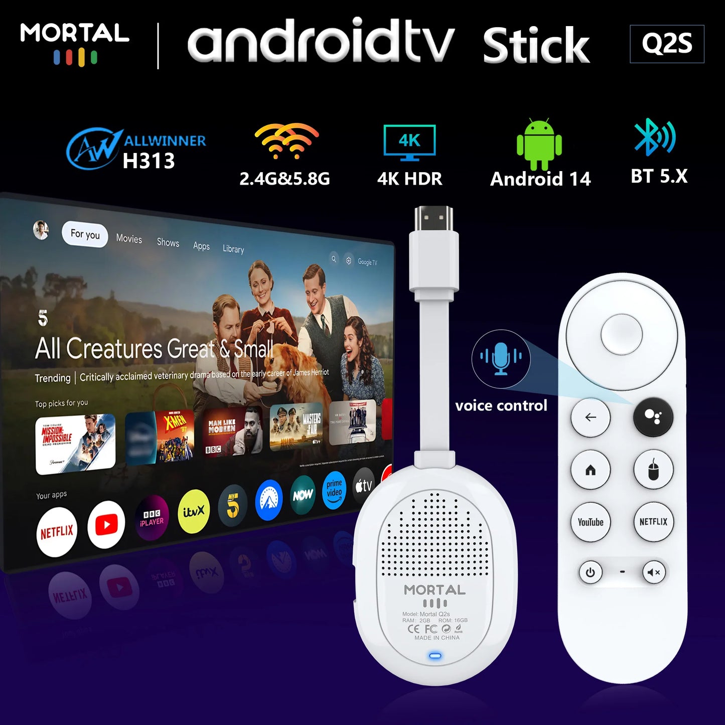 Mortal Android 14.0 Smart TV Stick Q2S Allwinner H313 Wifi6 BT5.X Voice Remote 4K HDR10 2G16G Netflix Decoding Android Mini Box