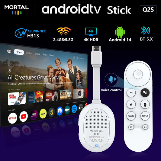 Mortal Android 14.0 Smart TV Stick Q2S Allwinner H313 Wifi6 BT5.X Voice Remote 4K HDR10 2G16G Netflix Decoding Android Mini Box