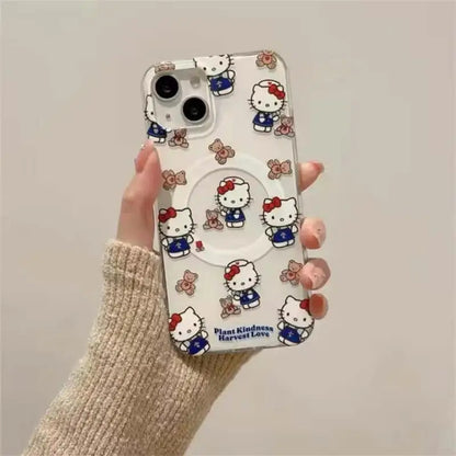 Cute Hello Kitty Magnetic Grip Holder Magsafe Wireless Charge Phone Chain Case For iPhone 16 15 12 Pro Max 14 Plus 13 Mini Cover