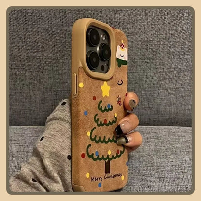 Cute Bear And Star Design Christmas Tree Faux Leather Phone Case For iPhone 16 Pro Max XS XR X 11 13 12 15 14 16 Plus Soft Cover