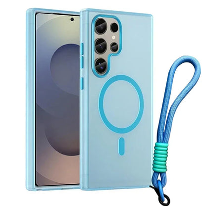 For Magsafe Matte Candy Wrist Strap Phone Cases For Samsung Galaxy S24 S25 Ultra Plus S24 FE Lanyard Magnetic Shockproof Cover